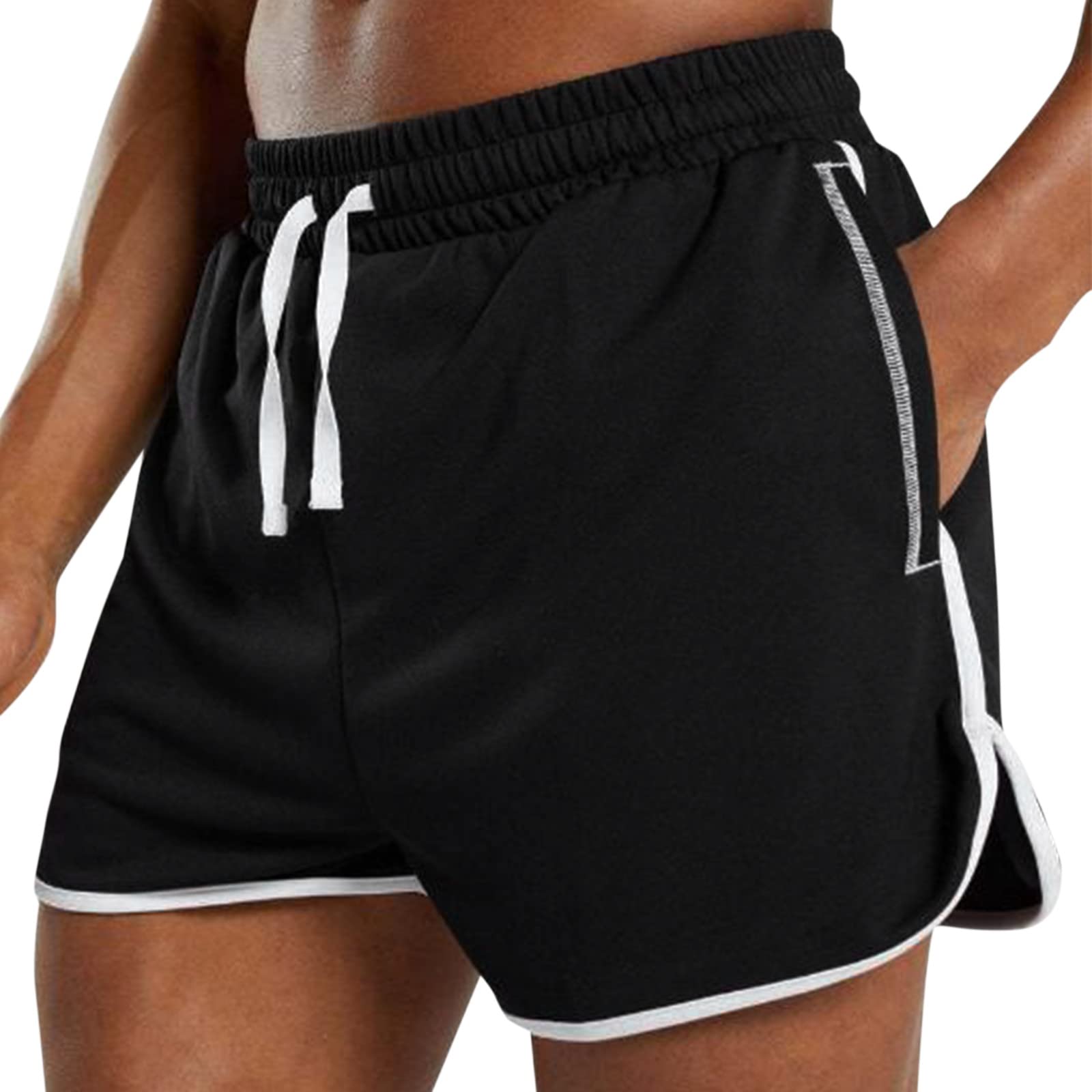 Mens Sport Shorts Outdoor Sport Game Workout Running Jogging Pants Splice White Bar Drawstring Trousers with Pocket