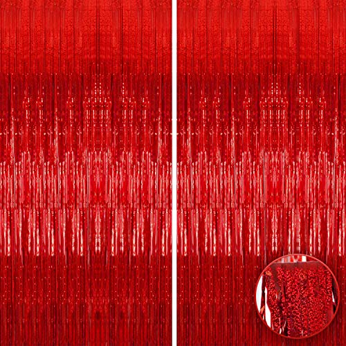 Xtralarge Iridescent Foil Red Streamers - 10x6.4 Feet Red Party Decorations | Pack of 2,Metallic Red Foil Fringe Curtain | Red Fringe Backdrop, Red Tinsel Curtain for Valentine, Birthday, Bachelorette