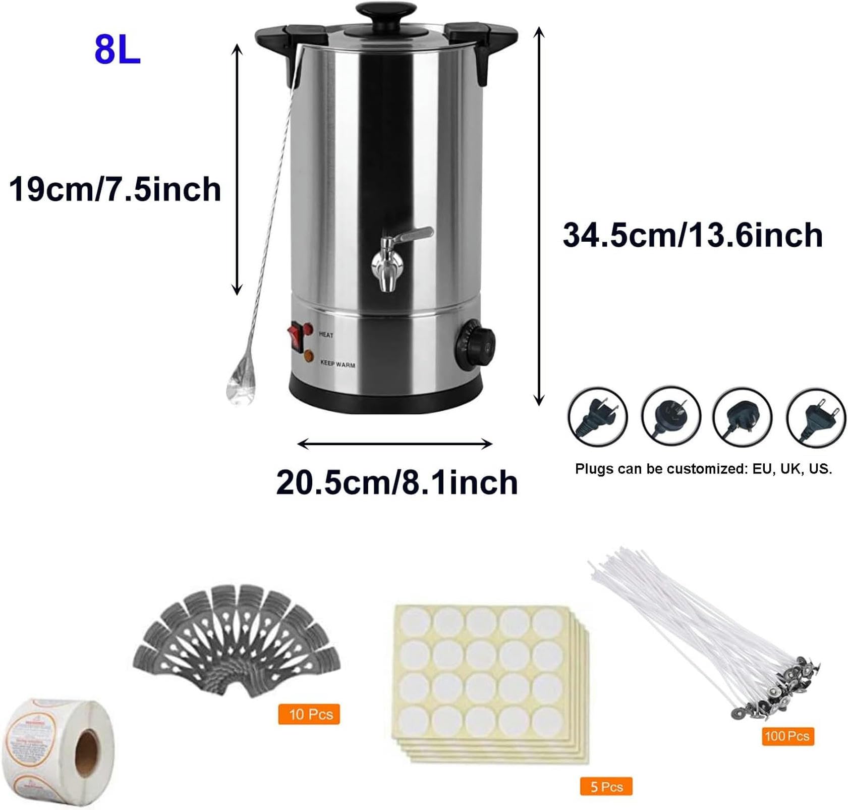 Elektryczny podgrzewacz wosku, garnek do topienia wosku 8 l, DIY zestaw do produkcji świec dla dorosłych z regulacją temperatury (30℃-110℃/86℉-230℉), kompletny zestaw materiałów do produkcji świec