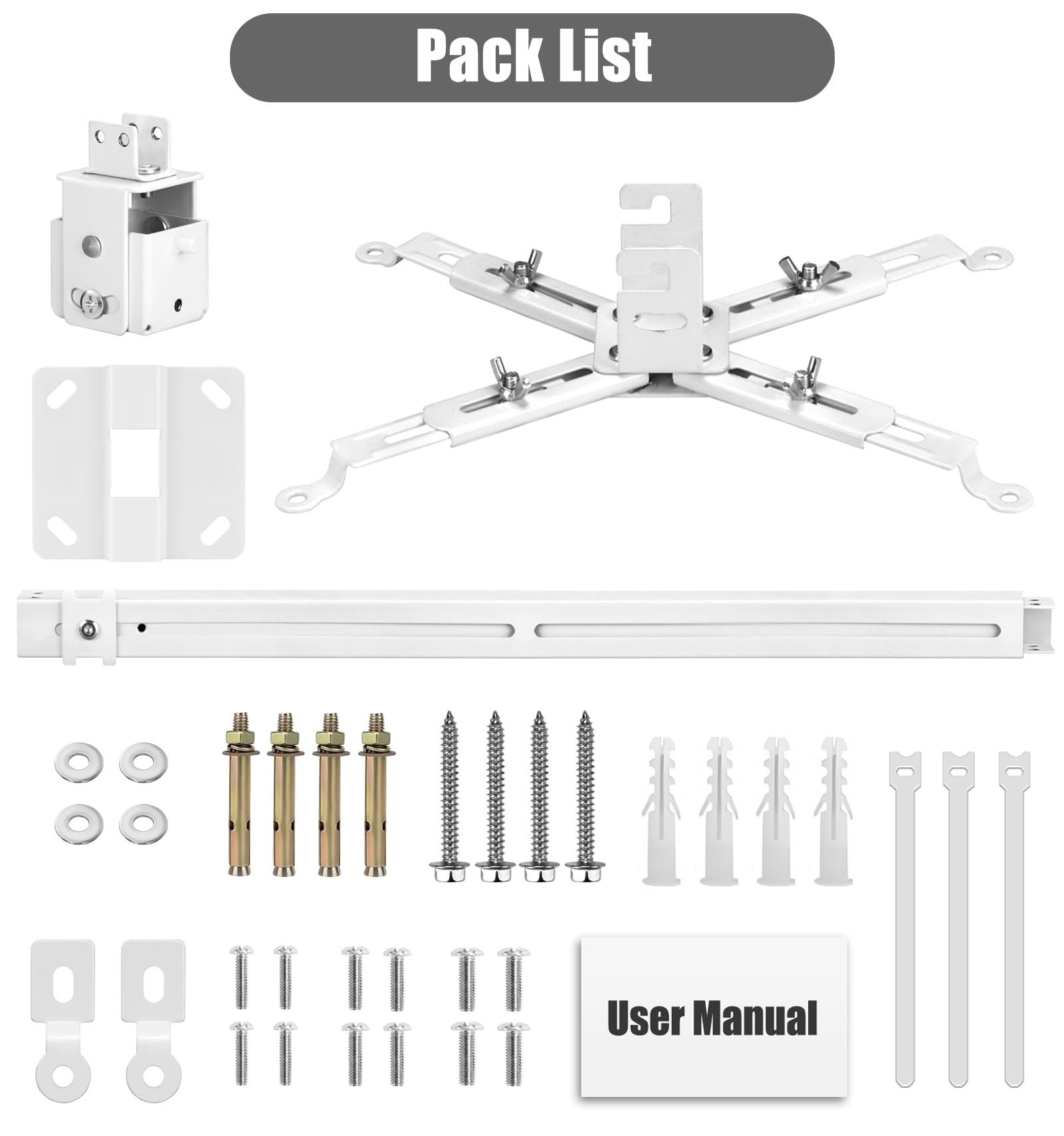 2-Be-Best Support de plafond universel 3 en 1 pour projecteur avec bras réglable, option de montage encastré, gestion des câbles intégrée pour bureau et maison, blanc