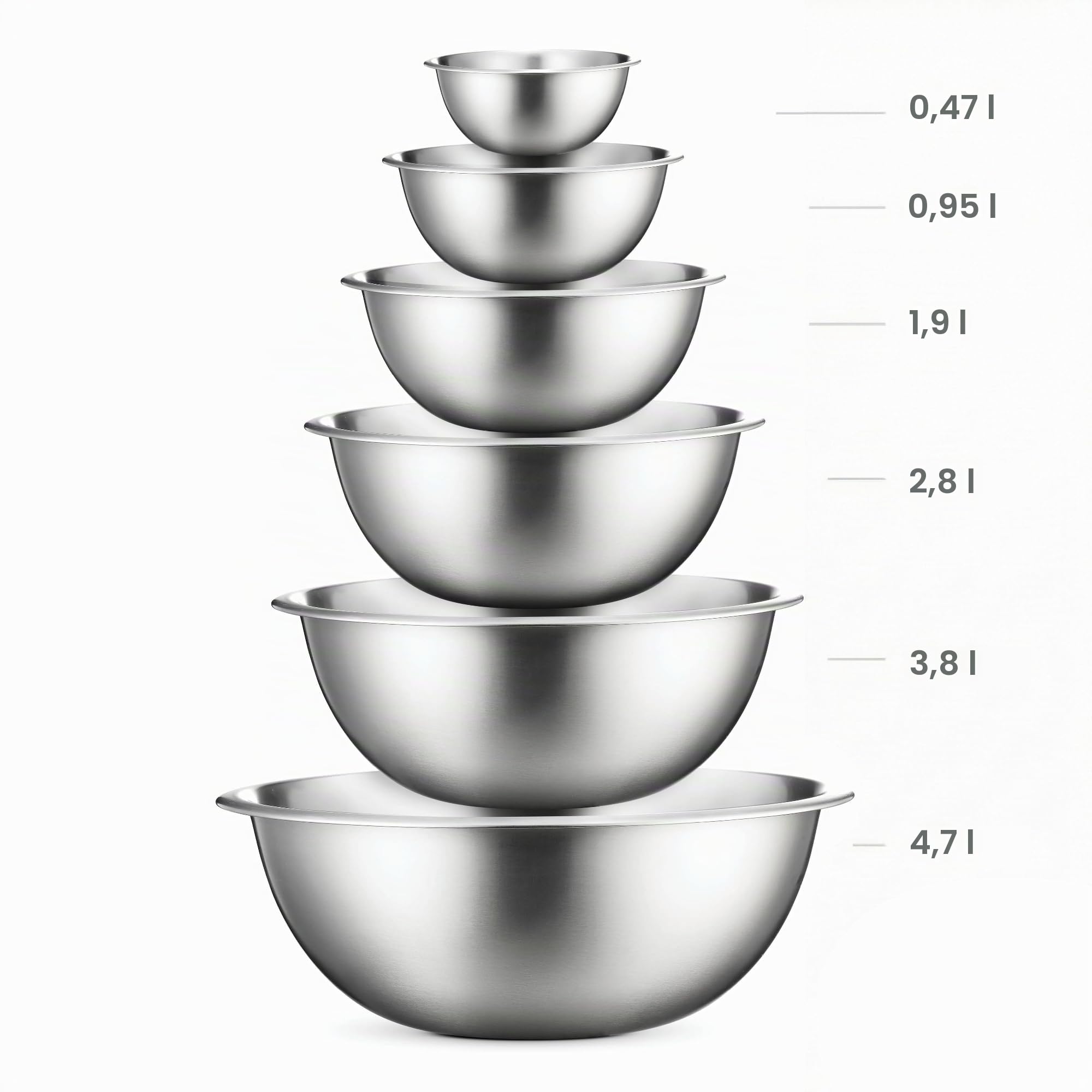 Profiqualität edelstahl schüssel set - Gourmet rührschüssel, stabiler Boden Küche Schüsseln, stapelbar Rührschüssel, Salatschüssel, Leicht zu reinigender spülmaschinengeeignet Servierschüssel (6-teilig)