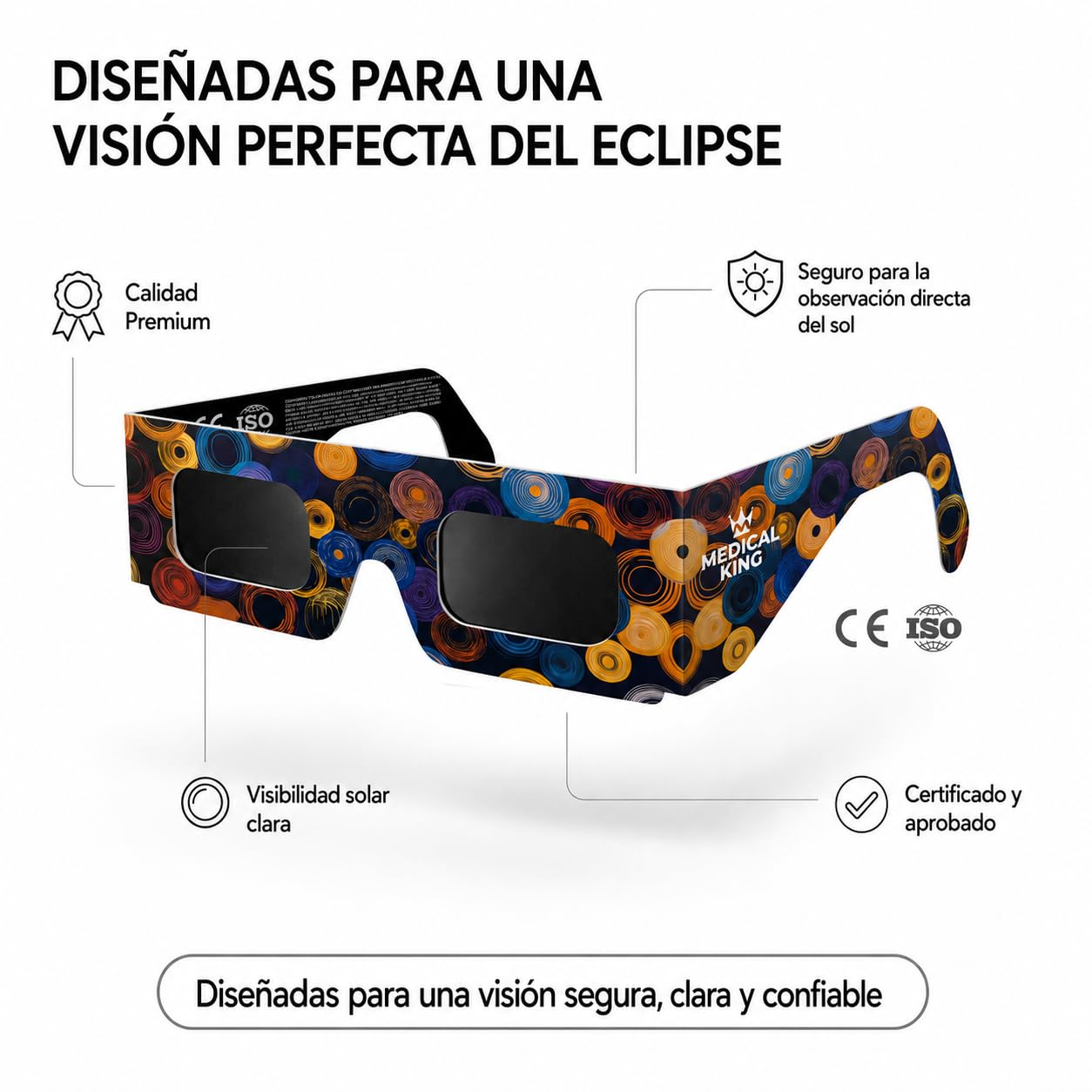 Medical king Gafas Eclipse Solar Homologadas ISO 12312-2 - Viene Con 2 Lentes Fotográficos Para Smartphone Aprobados según la norma ISO, con certificación CE: Gafas para ver eclipses solar 2026