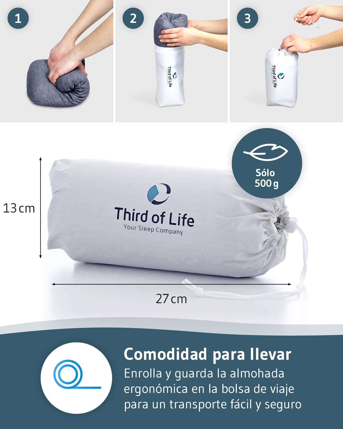 Third of Life Almohada de Viaje Volar Quickdry | Almohada Pequeña Ergonómica Viscoelástica | Funda Gris con Termorregulación y Secado Rápido | Cojín pequeño Tren, avión y Coche | Almohada Camping