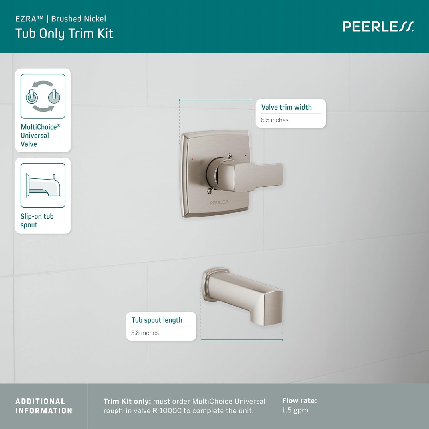 Peerless Ezra Single-Function Brushed Nickel Tub and Shower Valve Trim Kit, Shower Handle, Brushed Nickel PTT14171-BN (Shower Head and Valve Not Included)