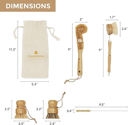 Miniatura 5 de Juego de cepillos de bambú natural con soporte - Cepillo de madera ecológico para platos