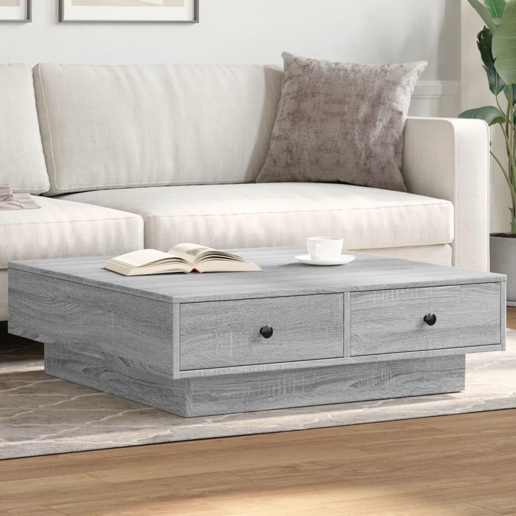 SXZenSpace Coffee Table Grey Sonoma 90 x 28 cm Engineered Wood with Storage Shelf, Modern Living Room Center Metal Knobs, Sturdy Small Tables for Lounge or Bedroom
