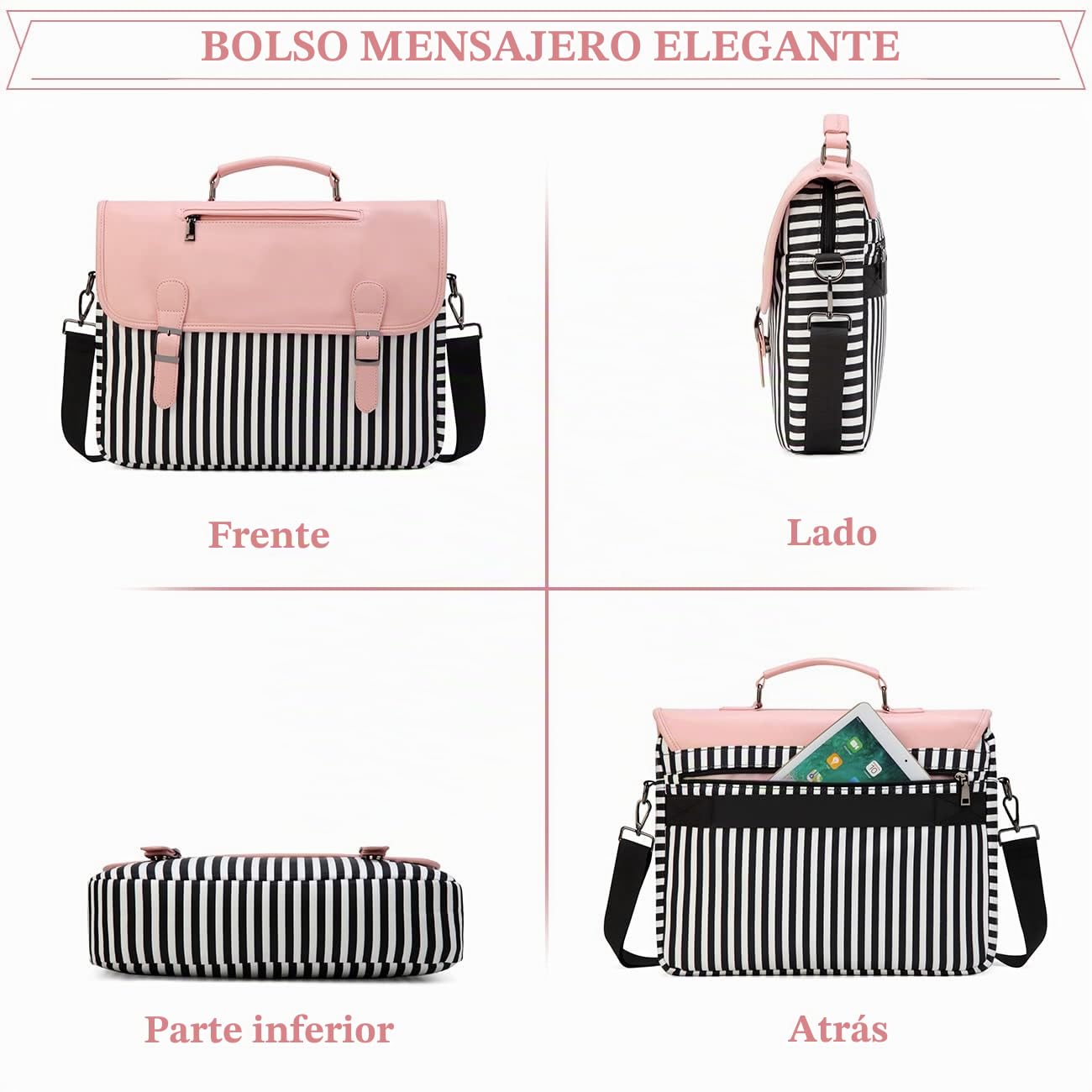 RAVUO Maletín Portátil Mujer 15.6 Pulgadas, Grande Bolso Ordenador Portatil Impermeable Funda Portatil Laptop Bag Bolso Bandolera,Rosa