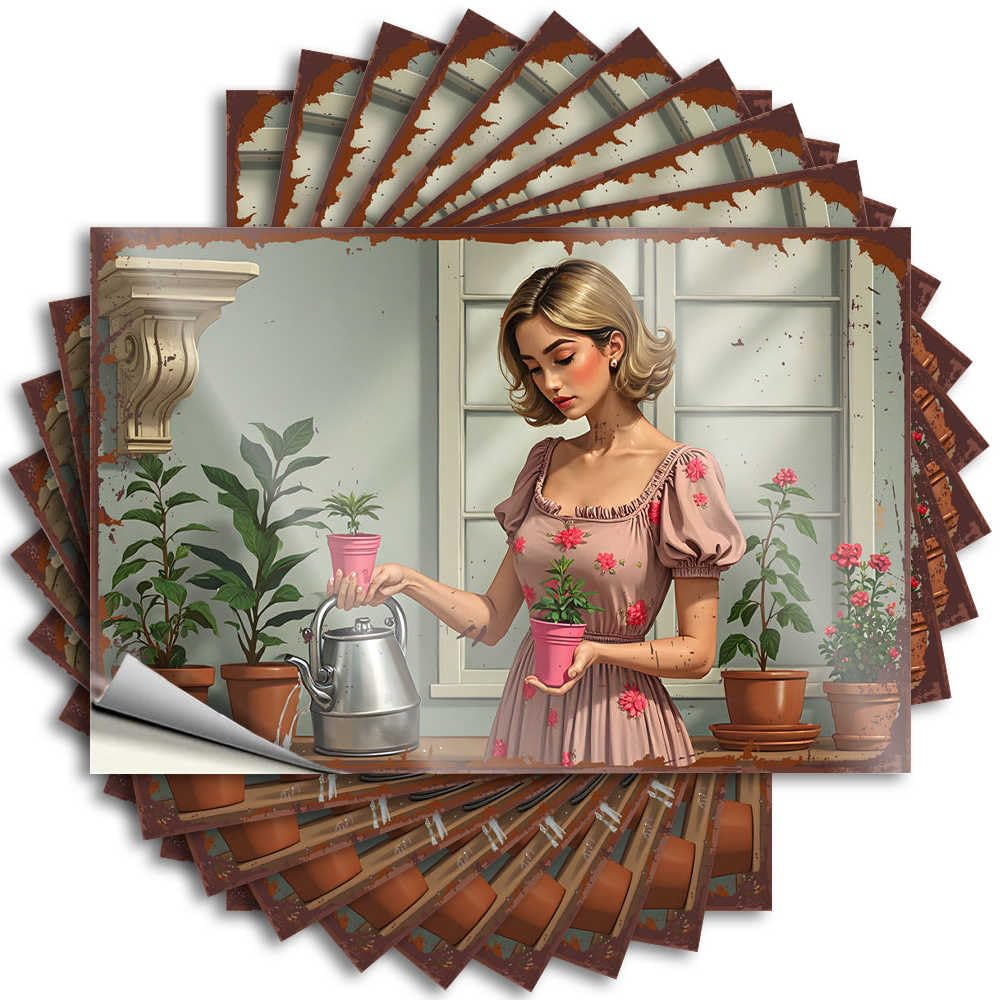 Farmhouse Plastic Saying - Vintage Woman Watering Potted Plants in Garden Removable Decal Bumper Easy Peel for Best(8X12CM)