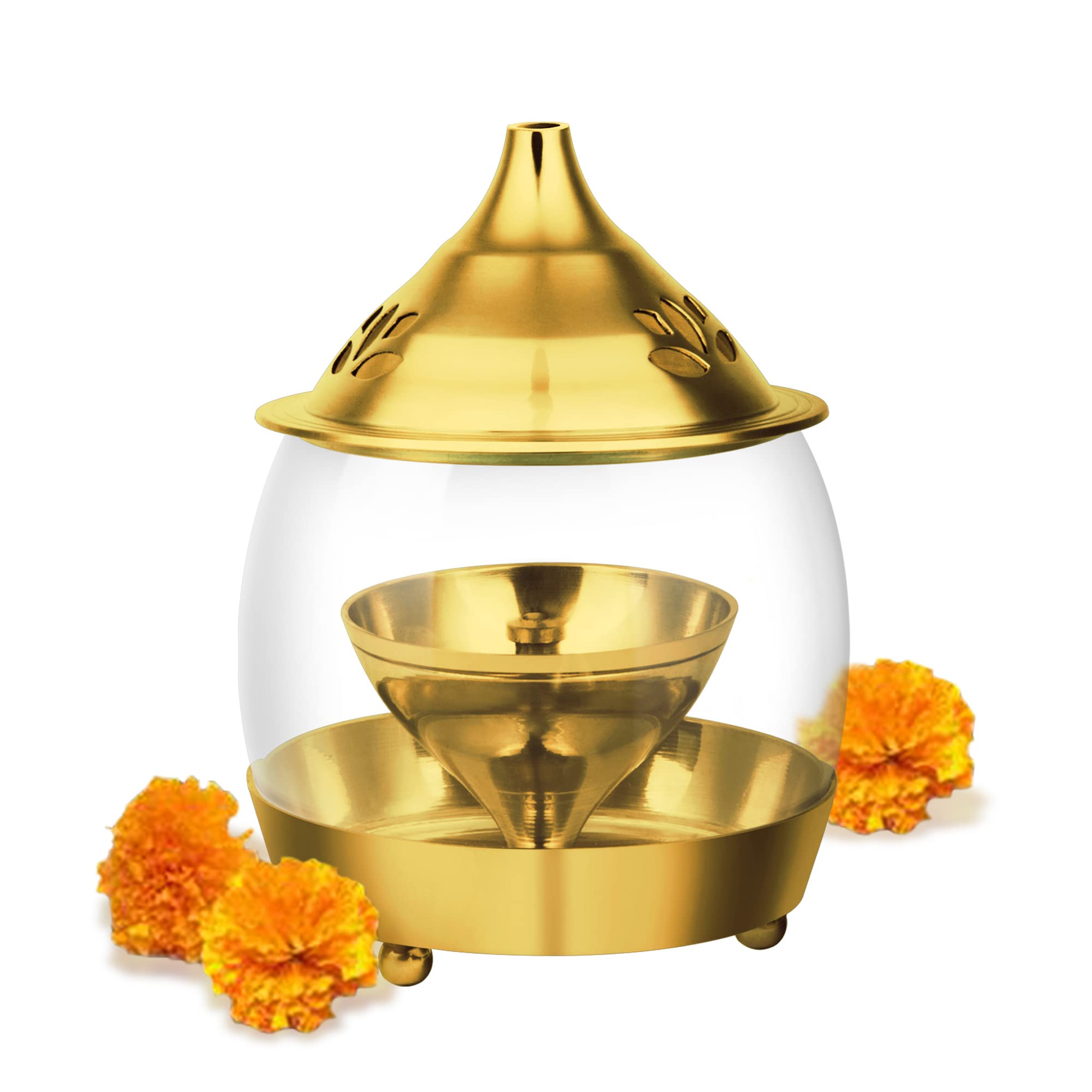 Treo by Milton Arpan Decorative Brass Diya for Puja with Curved Glass Cover Home Decoration Oil Akhand Diyas, Mandir Jyoti Wick Holder Stand, Traditional Gold Lid Lamps-image-39
