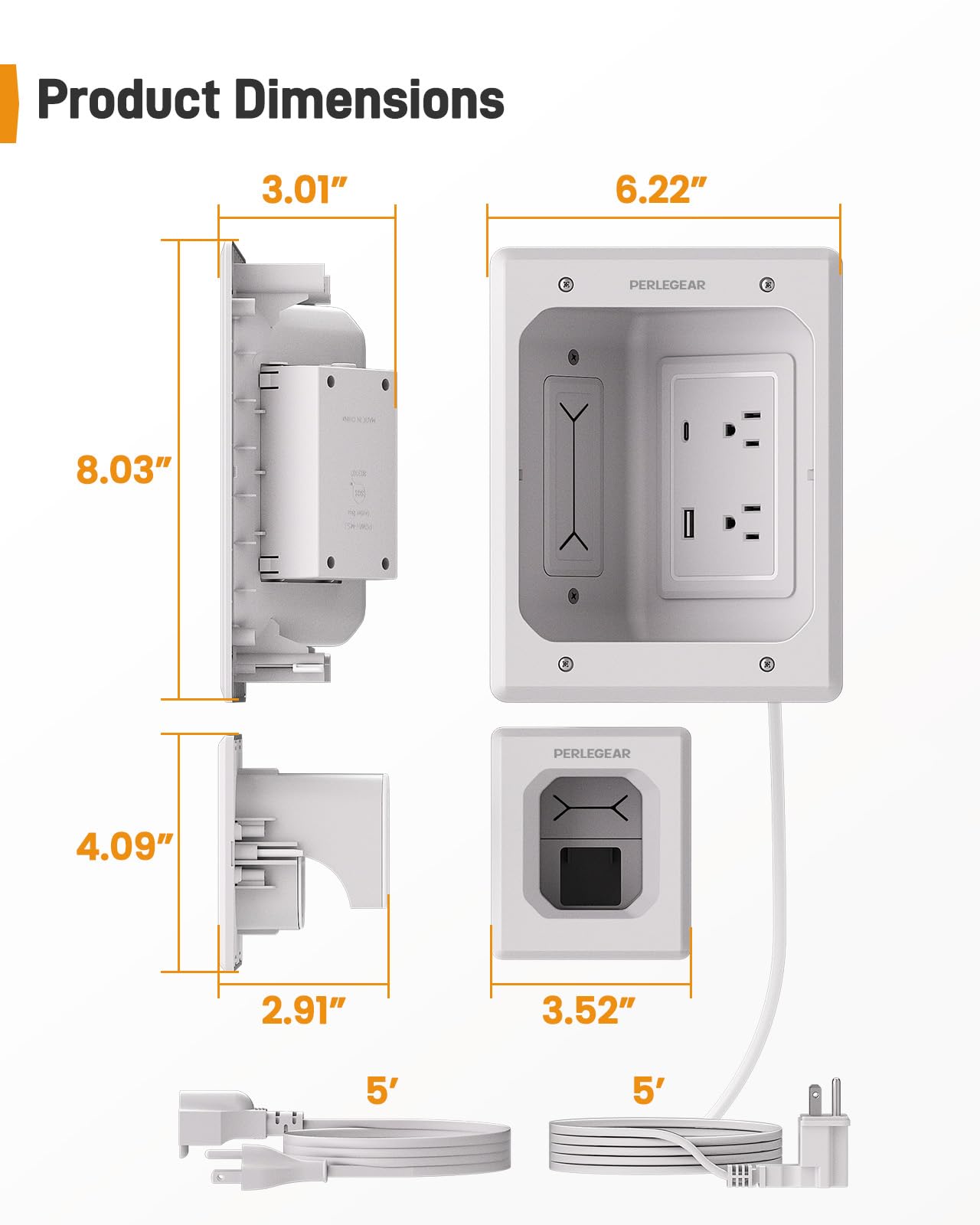 Perlegear Hider - Cavo per montaggio a parete TV con prese AC, porte USB-A e USB-C, kit di gestione dei cavi a parete, include modelli di trapano, sacchetti per la polvere, sega per cartongesso