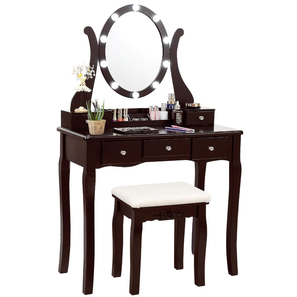 CHARMAID Makeup Vanity Table with Lighted Mirror, Vanity Desk with 10 LED Lights, Adjustable Brightness, 5 Drawers and Removable Storage Organizer, Bedroom Dressing Table with Stool (Espresso)