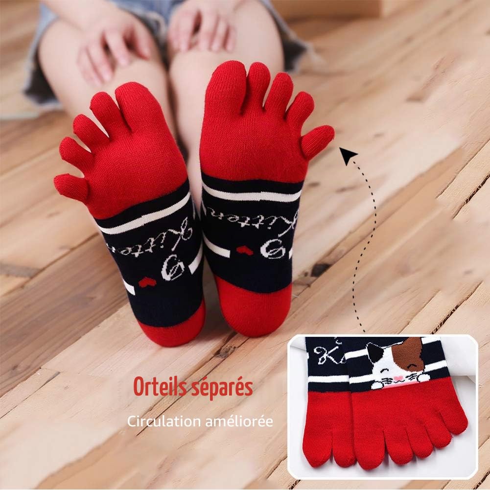 Chaussettes 5 Doigts Femme Coton Chaussettes Orteils Séparés Running Chaussette Doigt de Pied Sport Femme Fantaisie Drole Motif à Animaux Chat Chien Taille 36-41