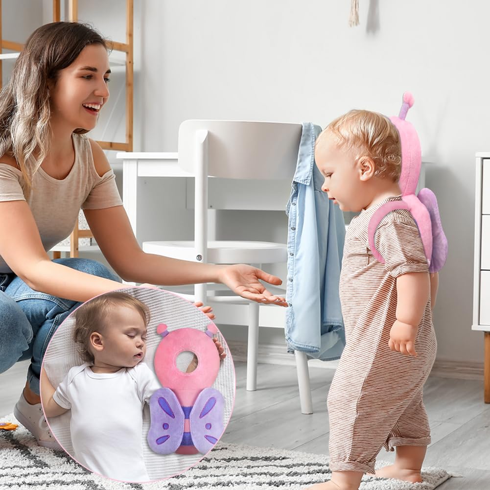 Vicloon Protector de Cabeza para Bebe, Cojín Protector Seguridad Bebe con Rodilleras, Ajustable Almohada Protección Bebe, Protección para Cabeza y Espalda del Niños para Gatear y Caminar-Mariposa rosa