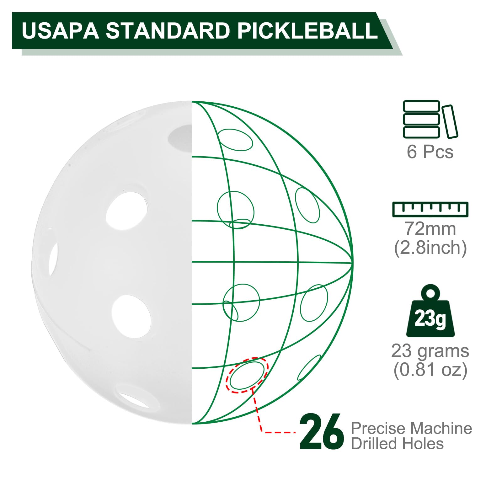 PATIKIL Outdoor Pickleball Balls 26 Holes 72mm(2.8inch) 23g(0.81oz) 6 Pack for Amateurs Indoor/Outdoor Sport, White - Image 2