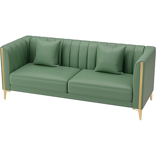 FOTOSOK 78'' Sofa, Green Couches for Living Room with 2 Throw Pillows, Comfy Faux Leather Couch 3 Seater Sofa with Gold Metal Legs, Modern Sofa Couch Deep Seat Sofas (Green)