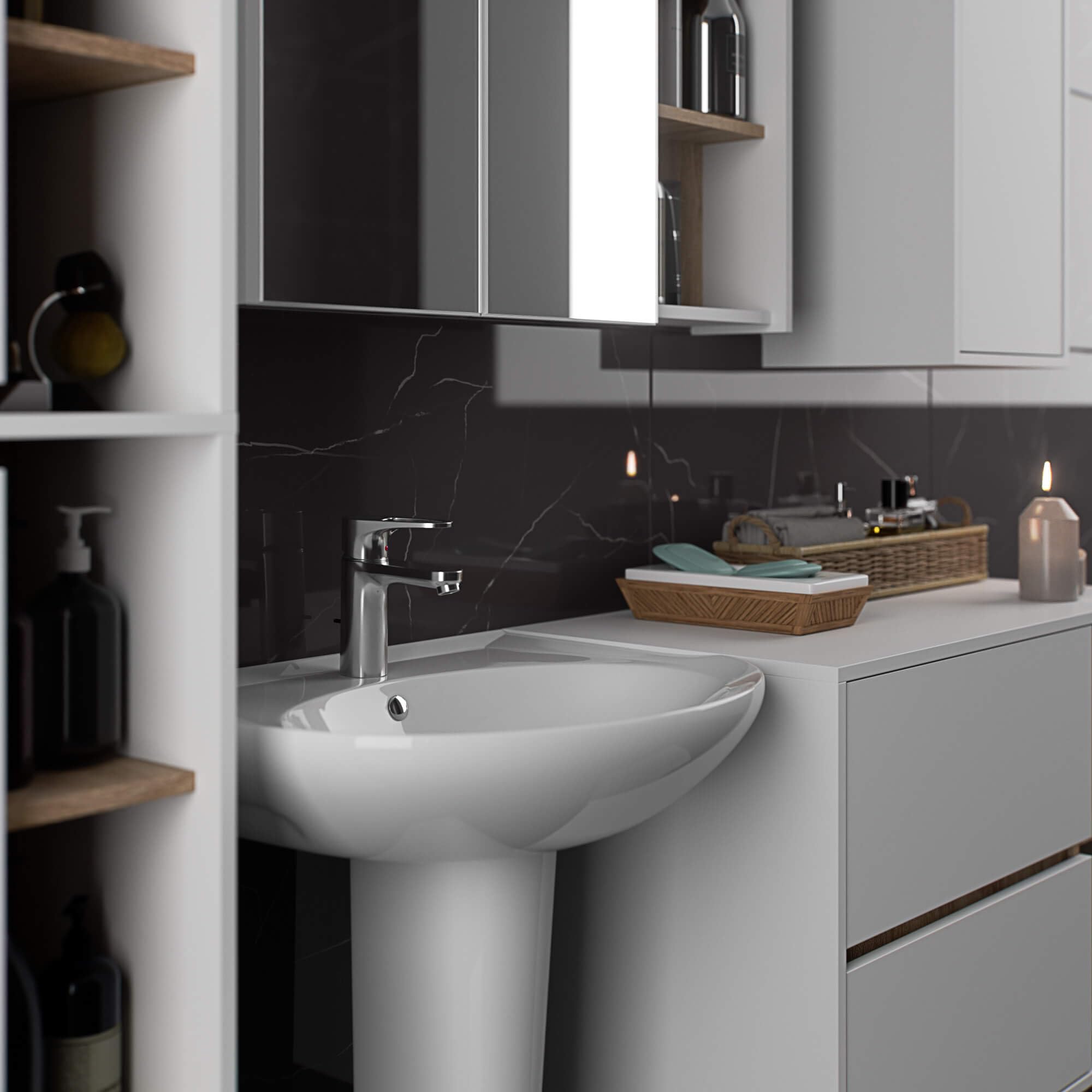 AKORD Colonne Salle de Bain Suspendue VAMI W50 - Meuble Mural 2 Portes, 10 Étagères - Rangement pour Cosmétiques et Serviettes, Fixation Murale - 50x170x30 cm - Blanc & Chêne Sonoma