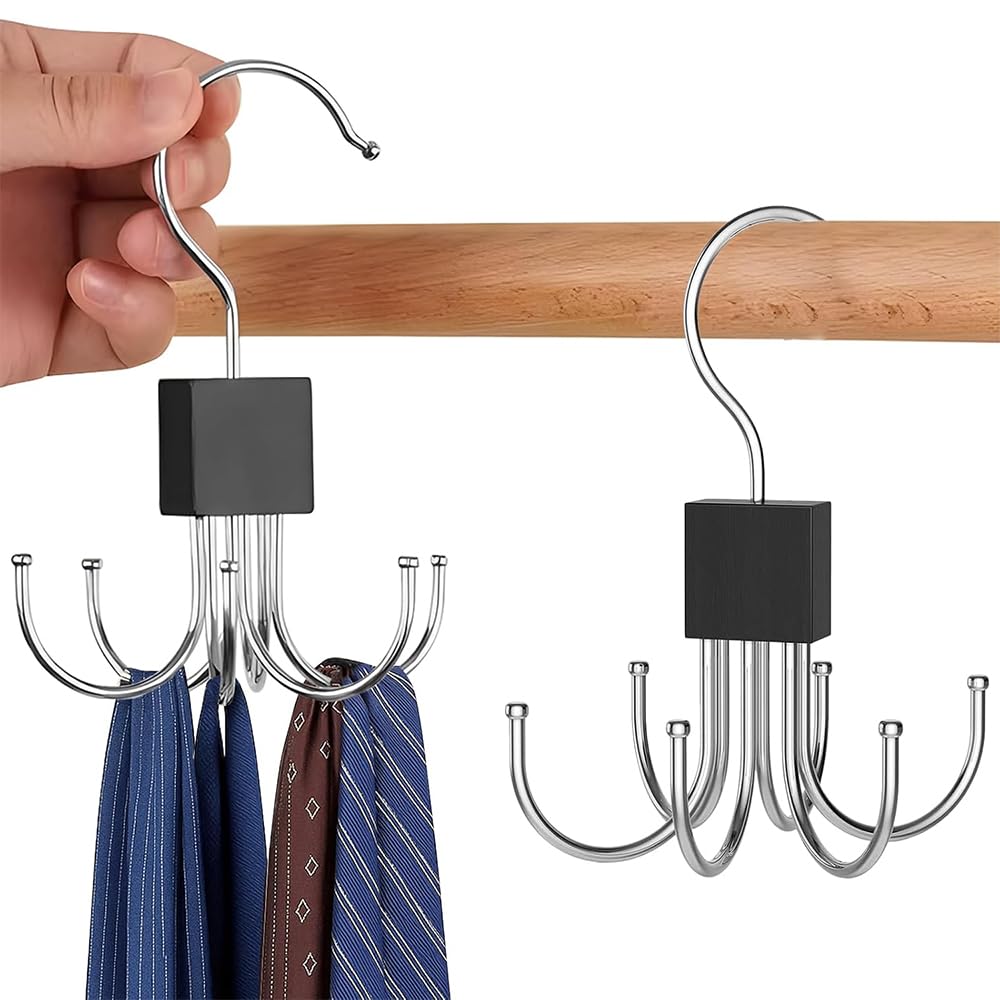 2pcs Belt Organiser for Wardrobe, 360 Degree Rotatable Multipurpose Hanger Organizer with 6 Hooks, Stainless Steel Wardrob...