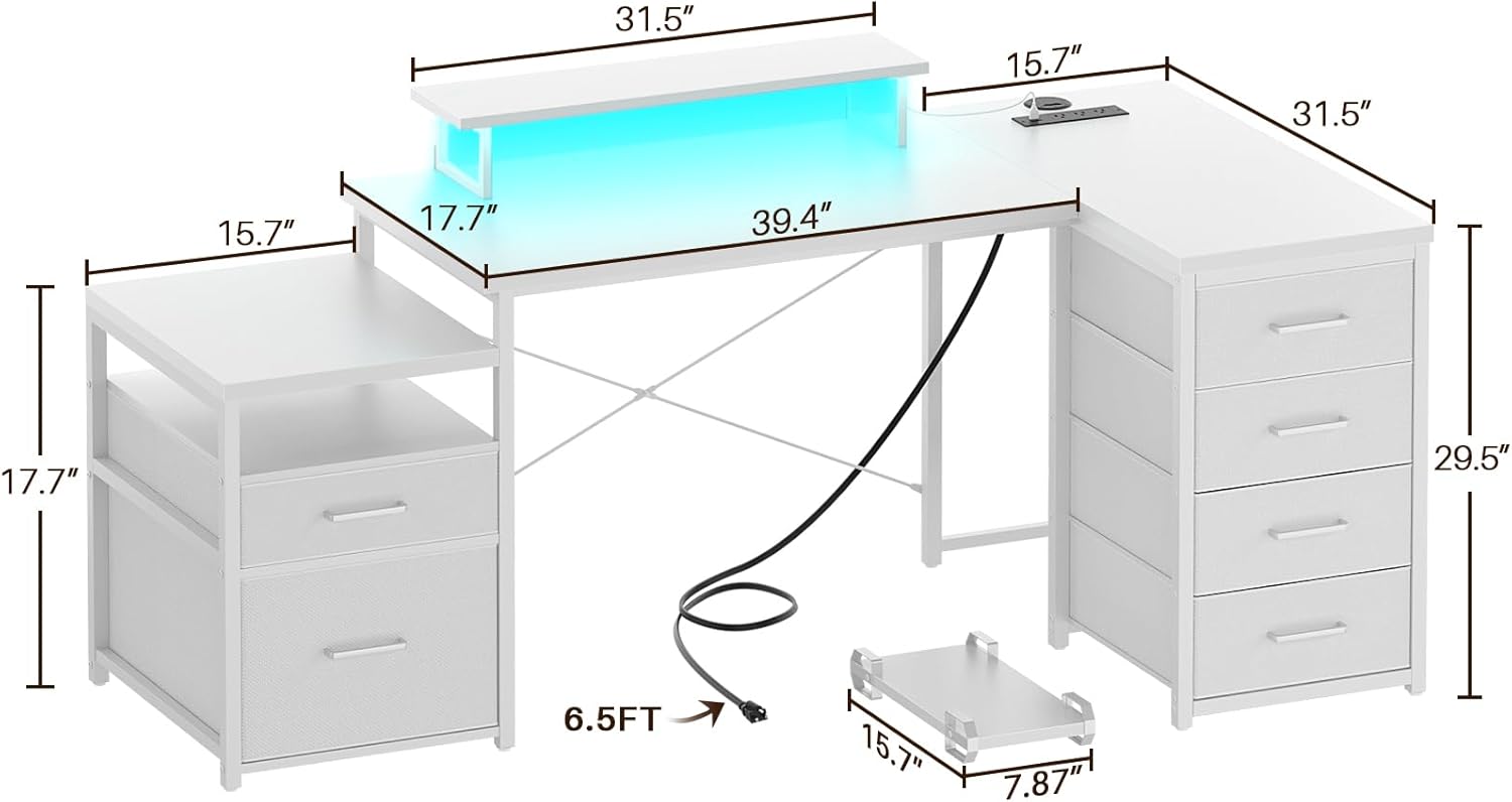 Unikito 70.8" Reversible L Shaped Computer Desk with Fabric File Drawers, Corner Desks with RGB LED Light & Power Outlets & Monitor Stand, Large Gaming Desk for Home Office Workstation, White