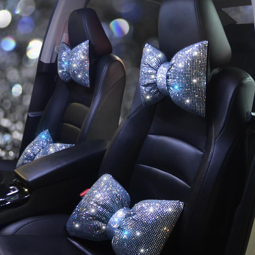 Car Neck Pillows Bowknot Car Headrest Cushion Crystal Rhinestone Diamond Bling Accessories for Women Driving Comfort Neck Support Pillow White 2Pcs