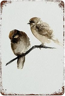 Graman Vintage Metal Tin Sign Birds Watercolor Aluminum Metal Sign Brown Sparrow Natural Home Decor Abstract Bird Metal Tin Sign Two Sparrows Art Decor Rustic Shabby Chic Decor 12x8 Inch