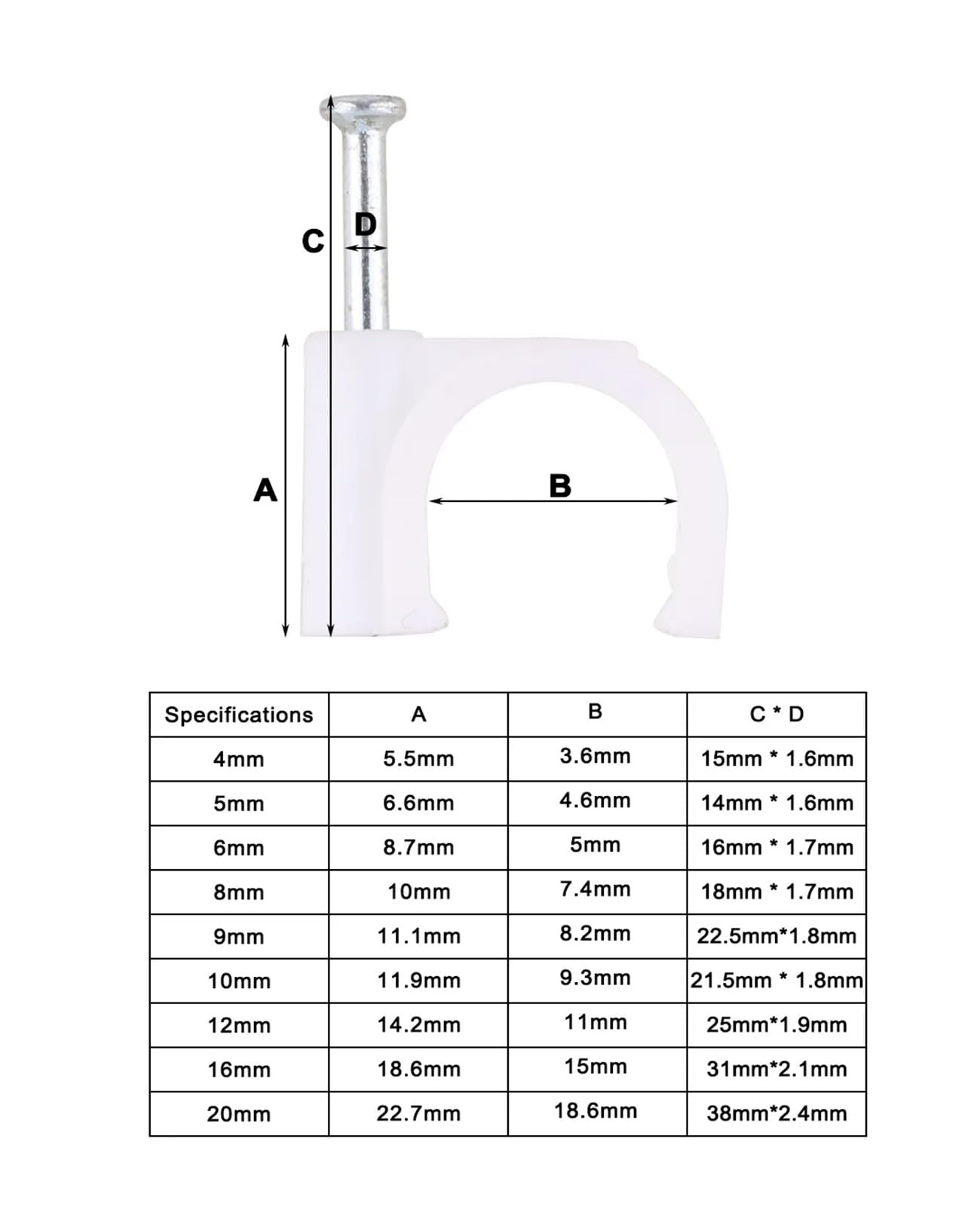 Clavos en clips for cables, 100 unidades, 4 mm, 5, 6, 8, 10, 12, 16, de alambre for gestión(12mm)