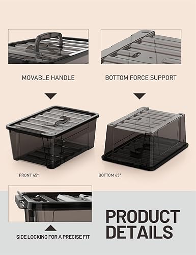 Miniatura 3 de WYT Contenedor pequeño de plástico de 5 cuartos de galón con tapas seguras y hebillas de pestillo, organizador apilable duradero negro transparente,
