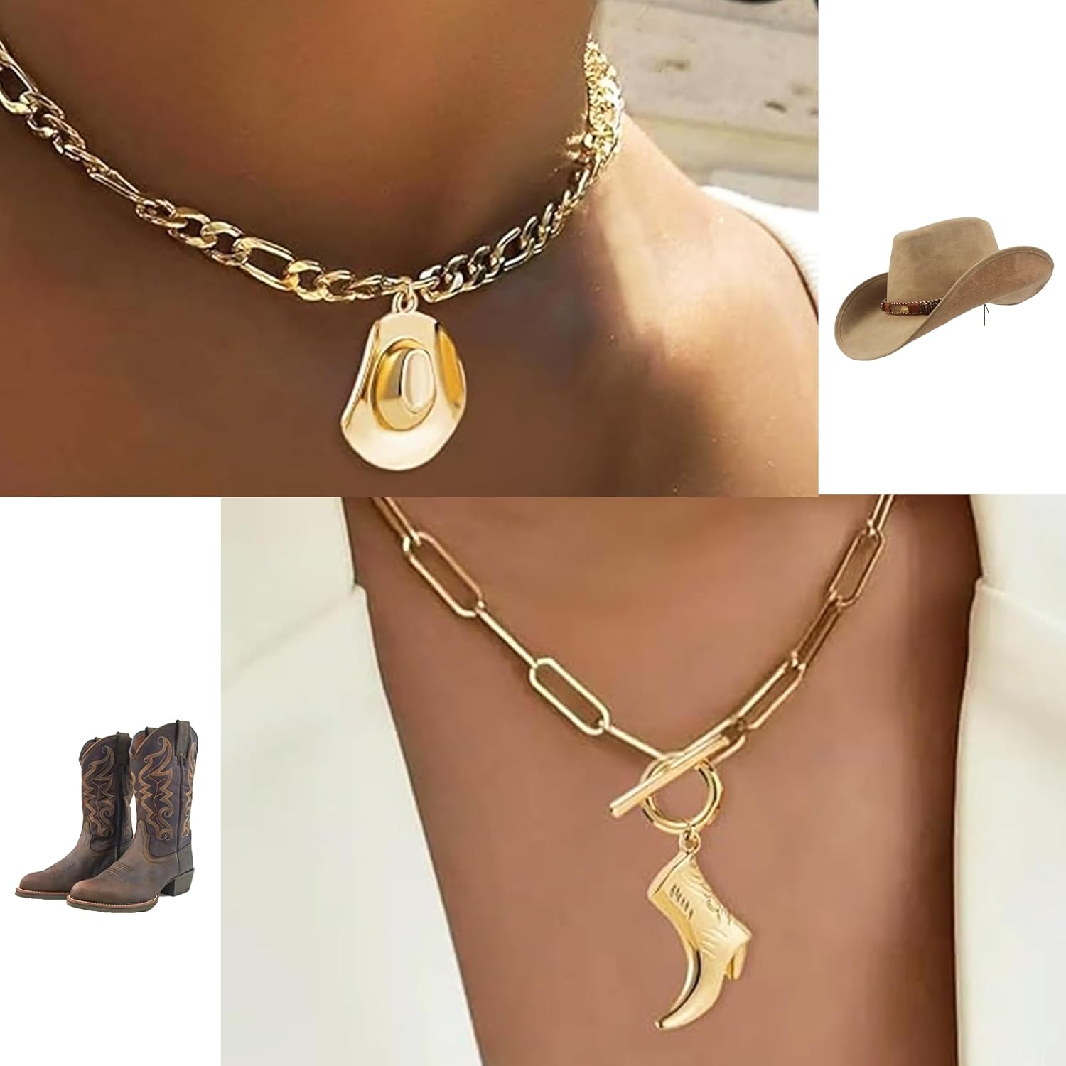 WETMT Cowboy Boot Necklace Gold Western Cowgirl Boot Hat Pendant Necklace Cowgirl Accessories for Women Layered Cowgirl Charms Chain Necklace Country Concert Western Jewelry - Image 2