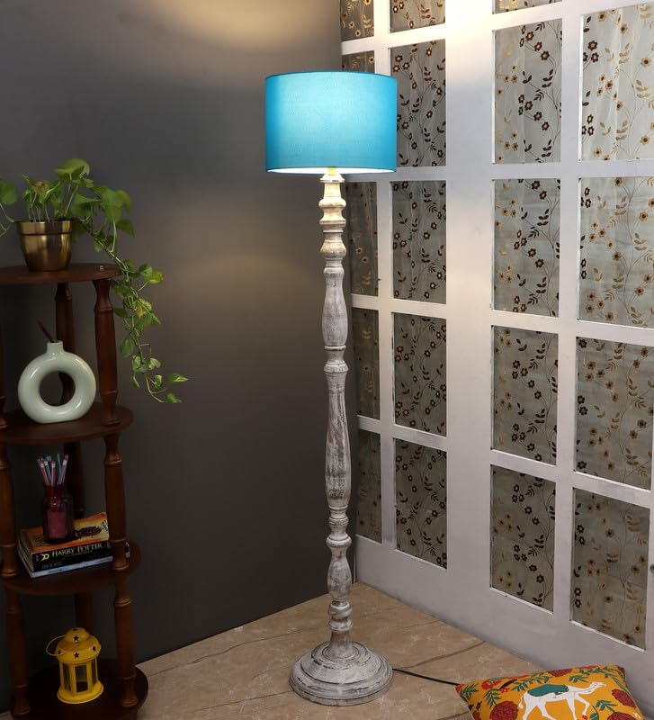 Image of tu casa Mango Wooden Floor Lamps with Aqua Shade for Home Decor, Bedrooms Corner, Living Room, Gifting, Diwali Decoration, Hall, Office, Study Room (Height: - 56 inch) - Bulb not Included