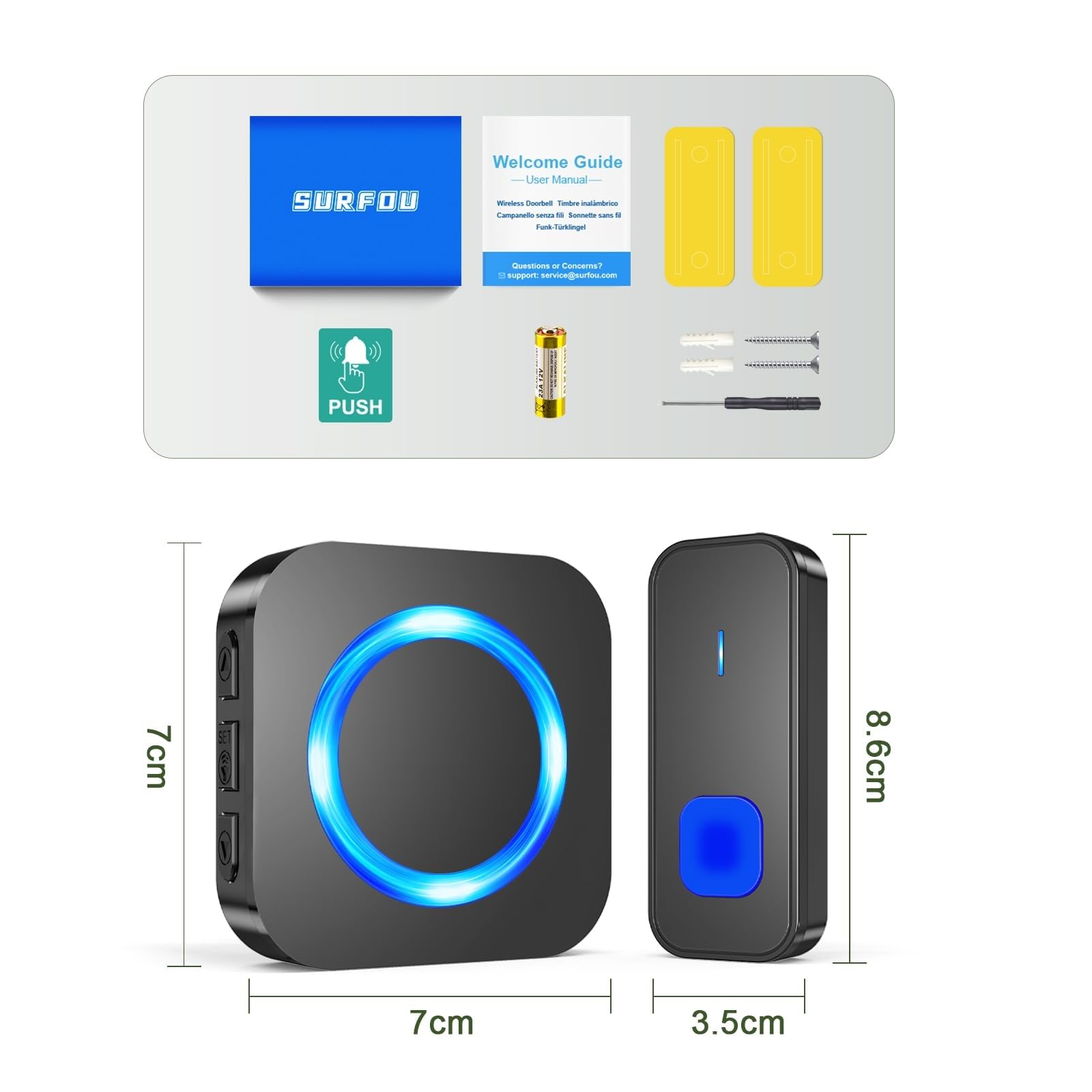 SURFOU Sonnette sans Fil, 400M Longue Portée Carillon et Sonnettes Electronique Kit avec 3 Récepteurs Exterieur Enfichables, 55 Mélodies au 5 Niveaux Volumes pour Maison, Indicateur LED Bleu, Noir
