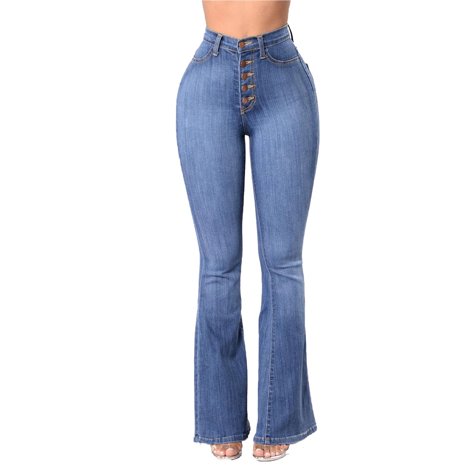 Women's Vintage Bell Bottom Jeans 5 Button Up Classic Flared Denim Pants High Waist Wide Leg Jean Trousers (Blue,X-Large)