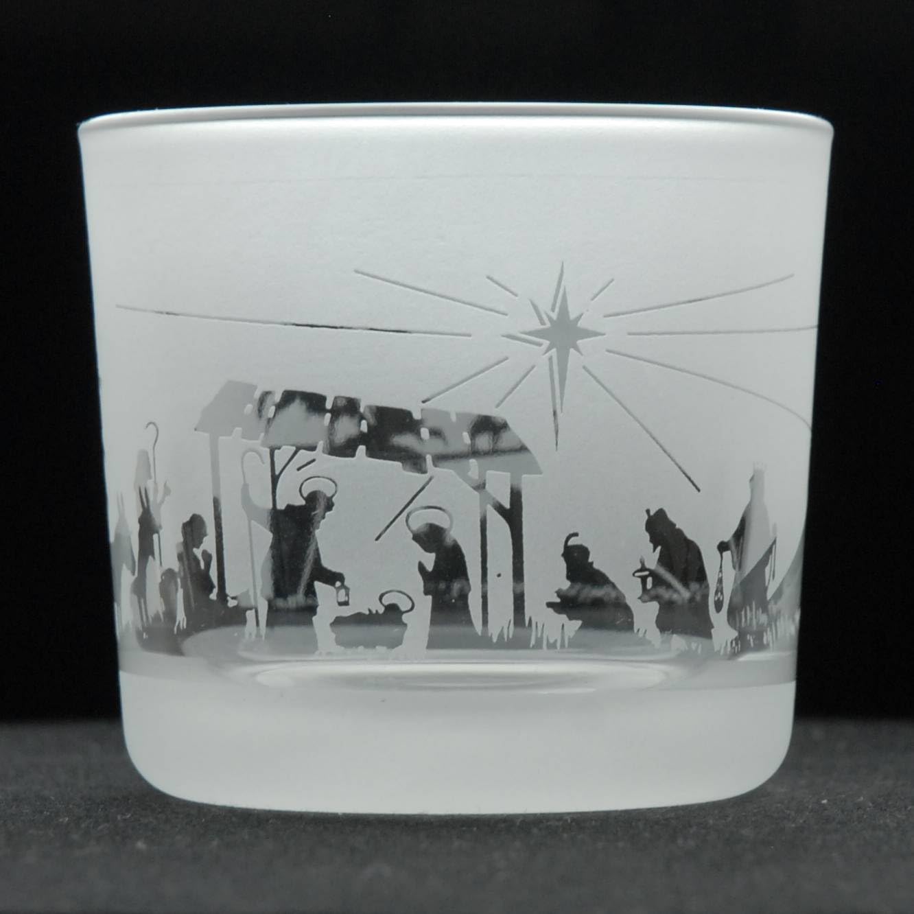 Animo Glass Votive Tea Light Candle Holder, Frosted Etched Glass with Nativity Scene Design, Clear Tealight Candle Holder Home Decor