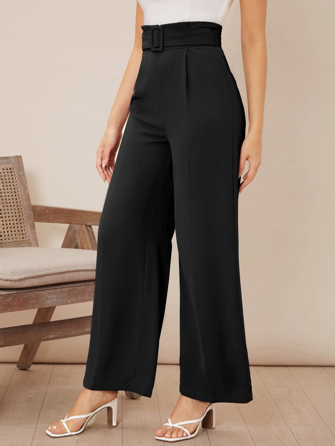 AVIMYA Womens Pants Solid High Waist Belted Wide Leg Black Pants