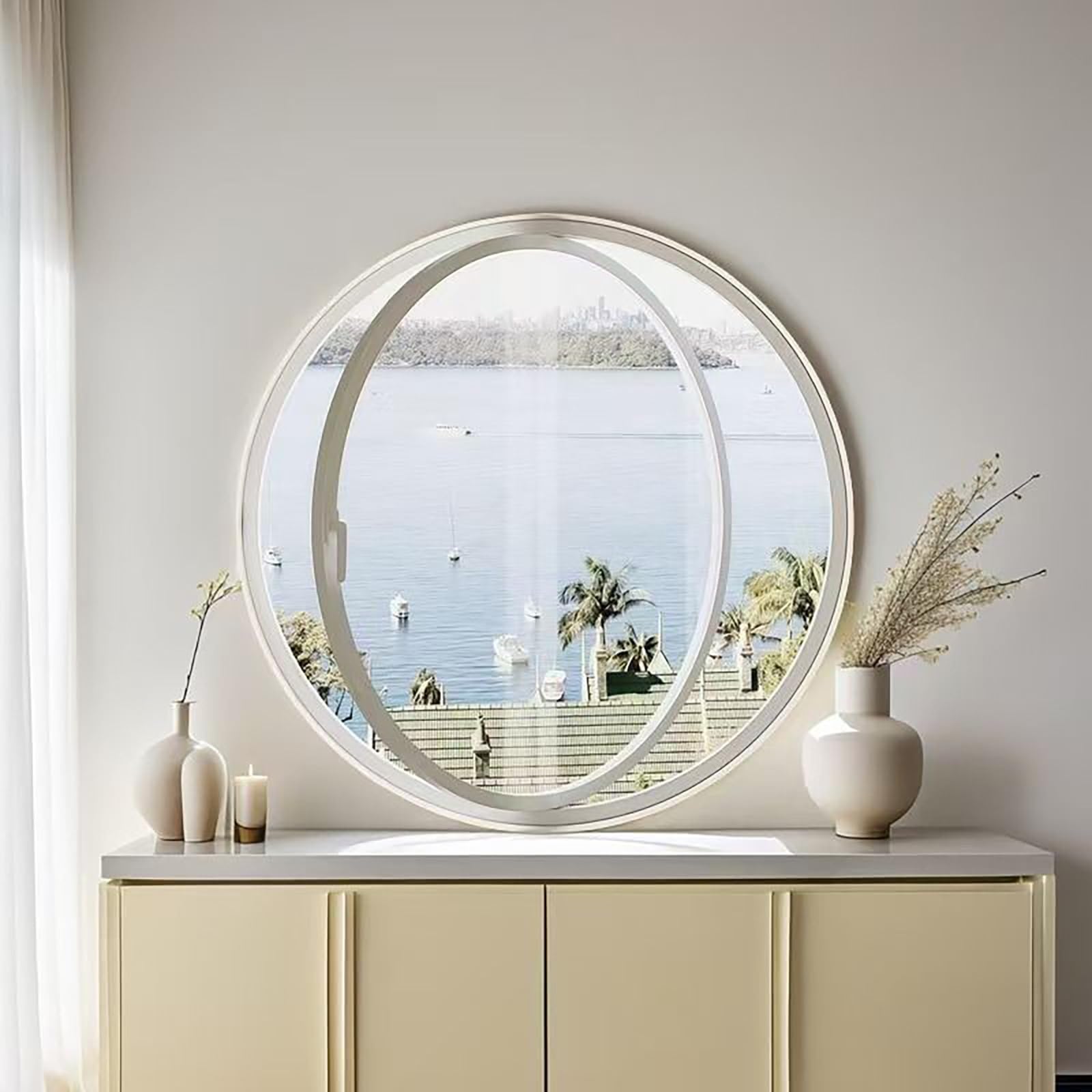 Round Rotating Glass Windows, Aluminum Alloy Round Rotating Porthole Window with Sun-Protection Film and Gloves, with Tempered Glass for Cake Shop(White+transparent,45cm/17.7in)