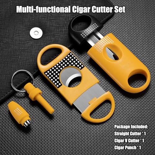 Cigar Cutter Set, with Cigar Straight Cutter, Cigar V Cutter, Cigar Punch, Multi-Functional Cigar Accessories Kit for Cigar Humidor Case, Portable Cigar Tools for Travel Outdoors (Yellow)