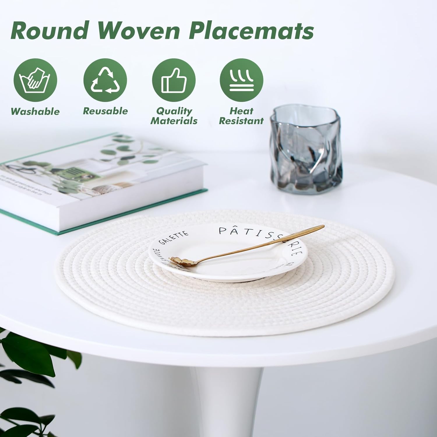 Round Woven Placemats Set of 8 Heat Resistant Placemats 13.5 Inches Farmhouse Cotton Rope Place Mats for Dining Tables Trivets for Hot Dishes, White