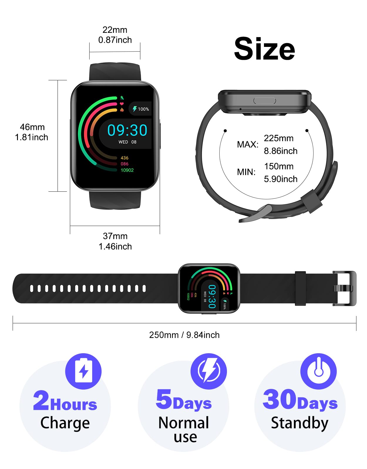 Smartwatch Uomo Donna Chiamate Bluetooth Smart Watch con Contapassi Cardiofrequenzimetro da Polso Saturimetro Orologio Fitness Notifice WhatsApp Impermeabile IP68 per Android iOS Nero