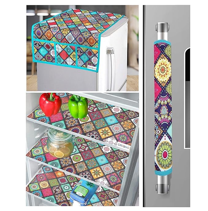 Grisha Home Fridge Top Cover Combo Set of 5 Includes 1 Top Cover, 1 Handle Covers, 3 Waterproof Mats With Rajasthani Print For Home & Kitchen Use- (Set of 5 Piece, Rajasthani Design),Multicolour