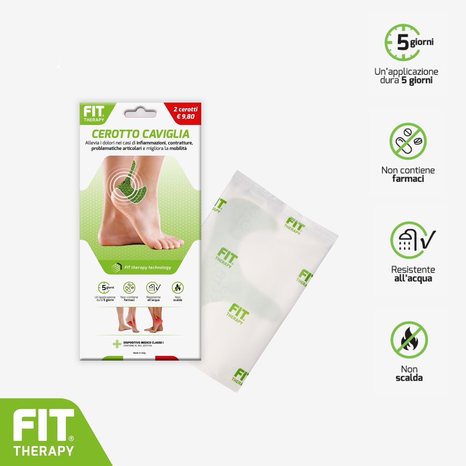FIT Therapy – Cerotti Antidolorifici e Antinfiammatori Caviglia - Per Distorsioni, Tendinite, Artrite, Borsite – NON SCALDA, Impermeabile, Senza Farmaci, Dura 5 Giorni (2 cerotti)