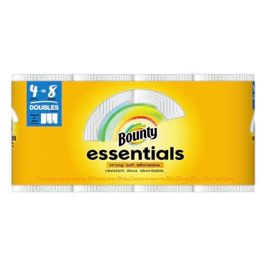 Bounty Essentials Select-A-Size 2-Ply Paper Towels, 4 Double Rolls Total/124 Sheets Per Roll, 6" x 11", White