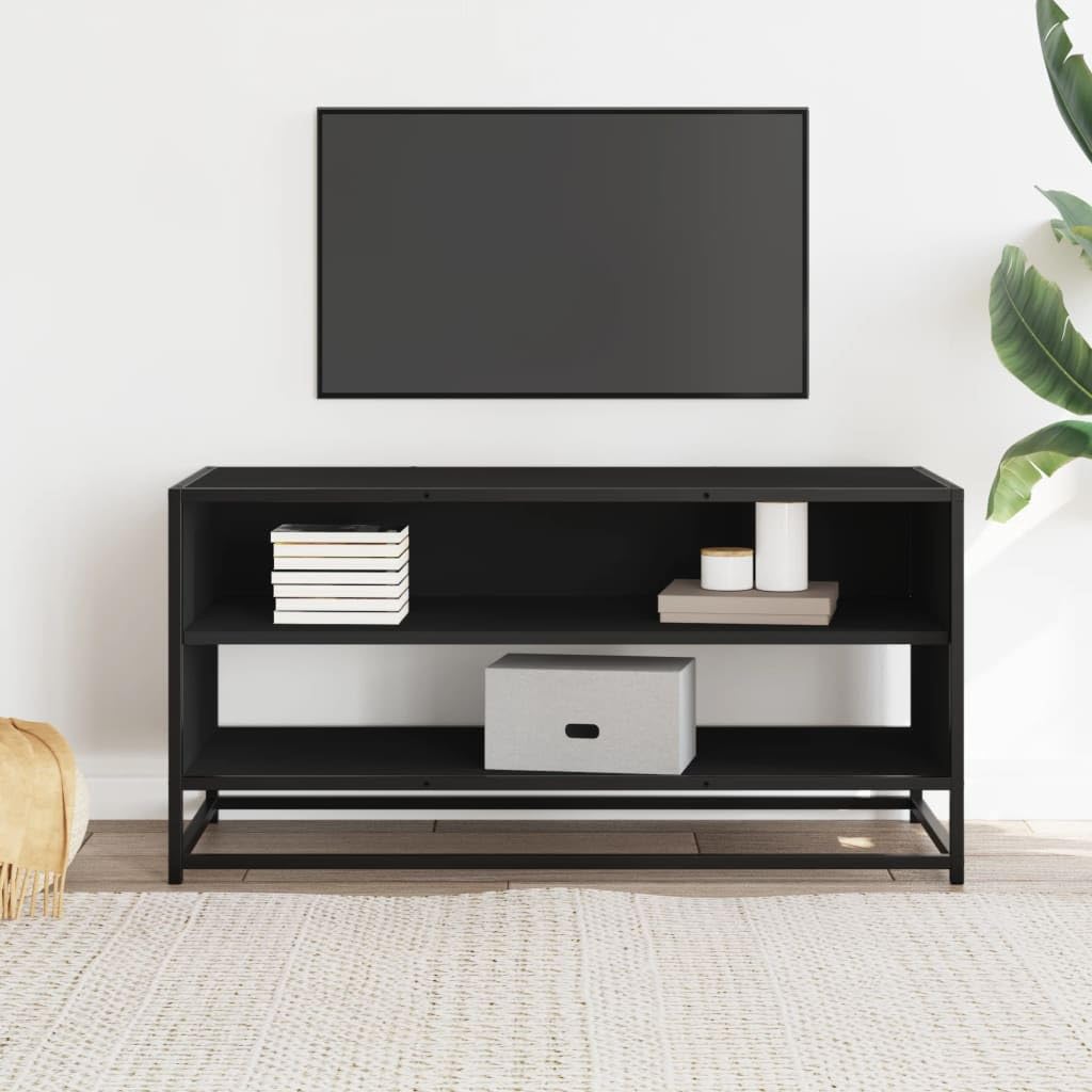 Mobile TV nero, 91 x 40 x 46 cm, in legno e metallo, mobile basso con spazio e cassetto, credenza per soggiorno, camera da letto, home theater e gaming, salvaspazio e moderno