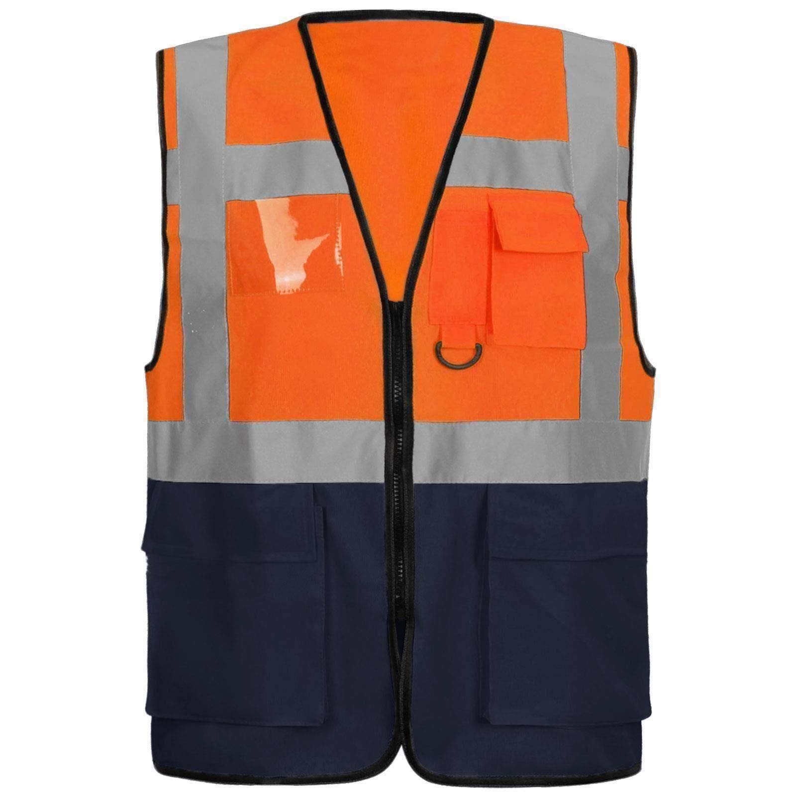 HIGH VIS VIZ VISIBILITY VEST WORK FRONT ZIP UP FASTENING WAISTCOAT ID POCKETS REFLECTIVE TAPE SAFETY SECURITY TOPS[Orange/Navy,5XL]