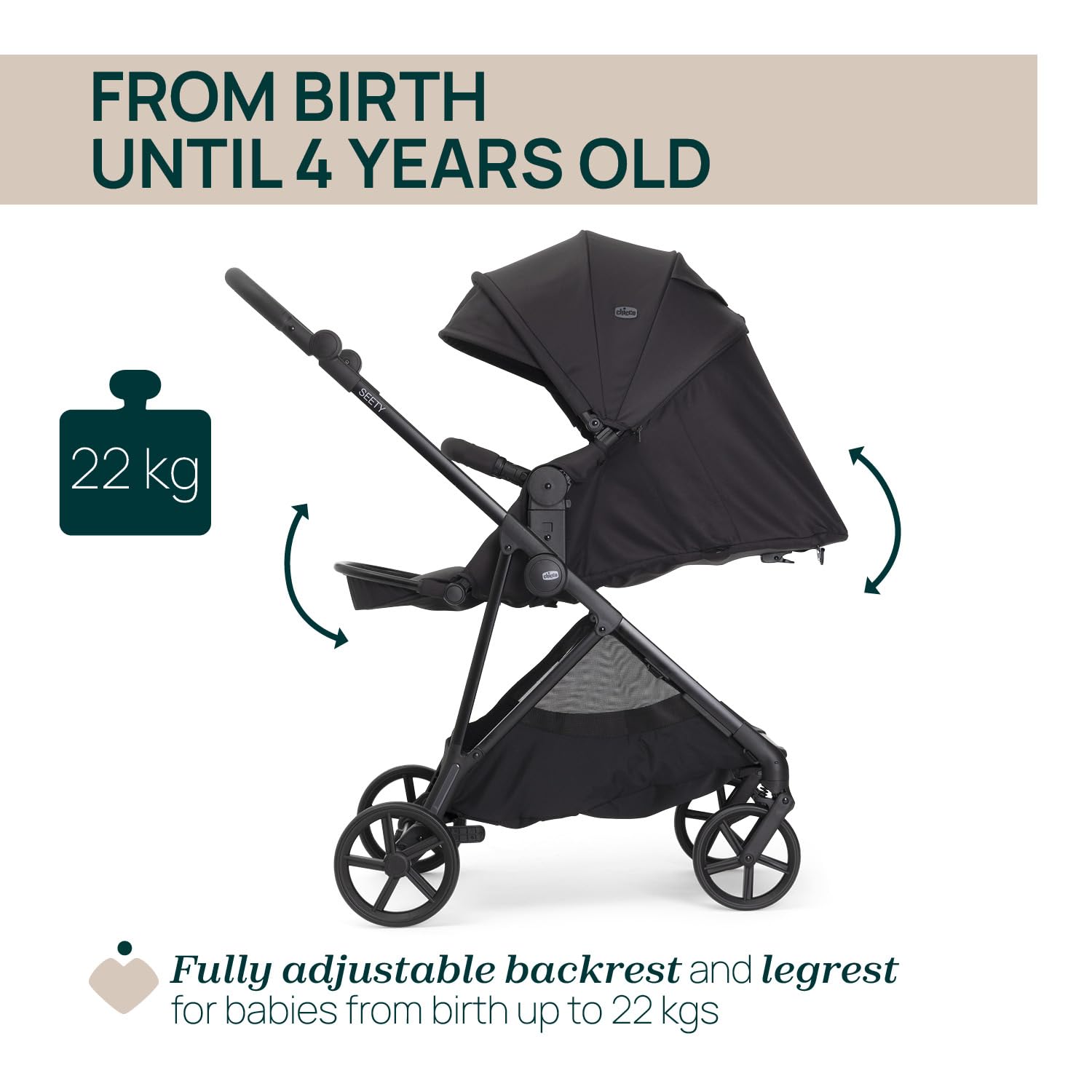 Chicco Cochecito Seety, Cochecito Ligero y Compacto De 0 Meses a 4 Años, Capacidad Máxima 22 kg, Cochecito Plegable,Respaldo Reclinable,Cierre Automático con 1 Movimiento, Capota Parasol y Cubrelluvia