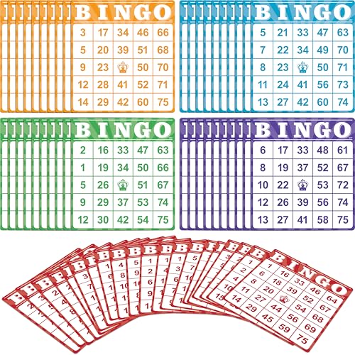 100-Pack Number Bingo Game Cards, Disposable Reusable Multi-Color Paper Sheets for Kids, Numbers 1-75 Bingo Board Game for Parties, School, Classroom, Family Gathering Activity, Travel, Road Trip
