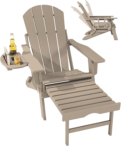 FOOWIN Silla Adirondack plegable ajustable con otomana retráctil, silla Adirondack de polietileno de alta densidad con bandejas 4 en 1, resistente a