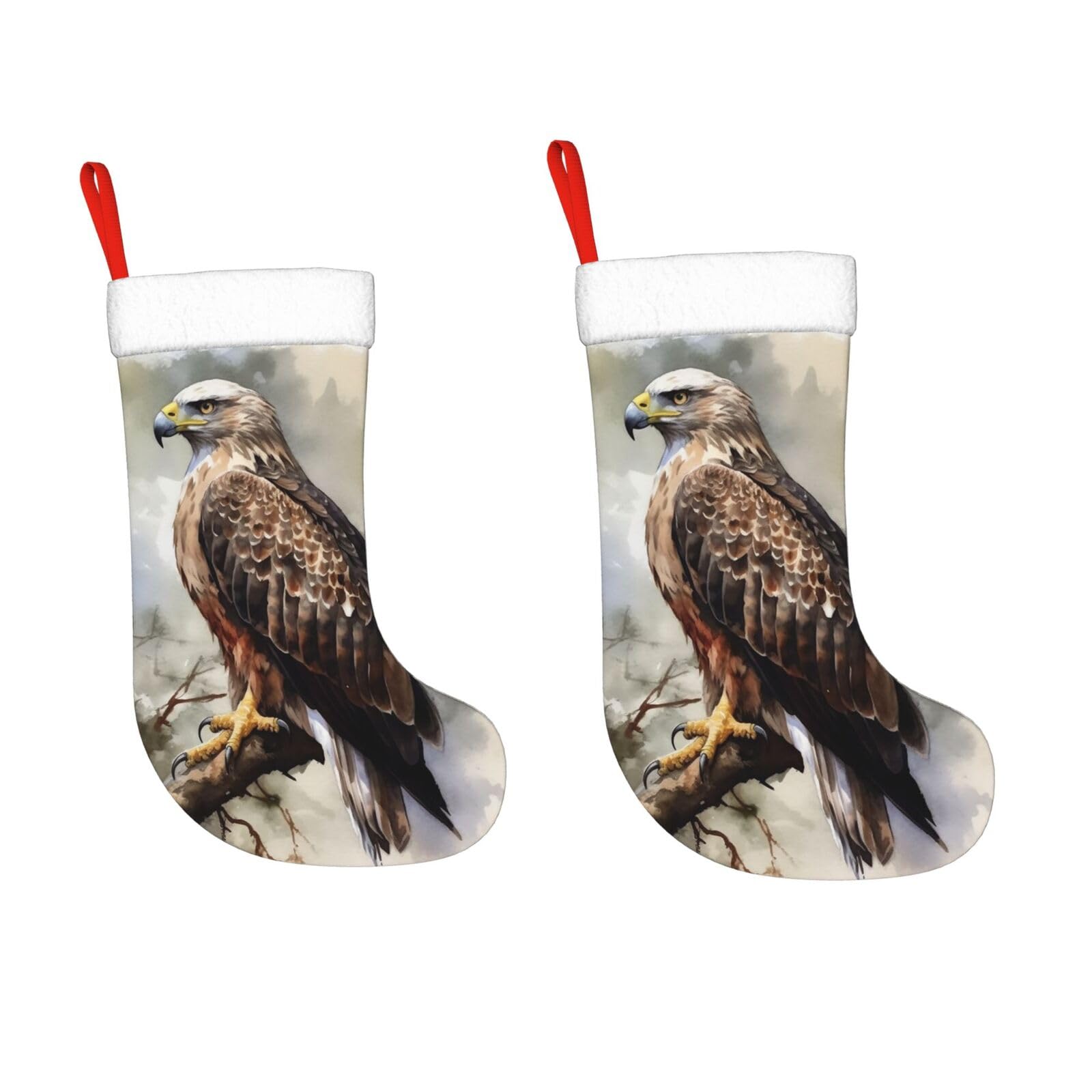 2 Pack 18 Inches Christmas Stockings Personalized Watercolor of Hawk Sitting in The Tree Xmas Stocking Hanging Decoration Fireplace Stocking for Holiday Xmas Tree Christmas Fireplace Decor Gifts