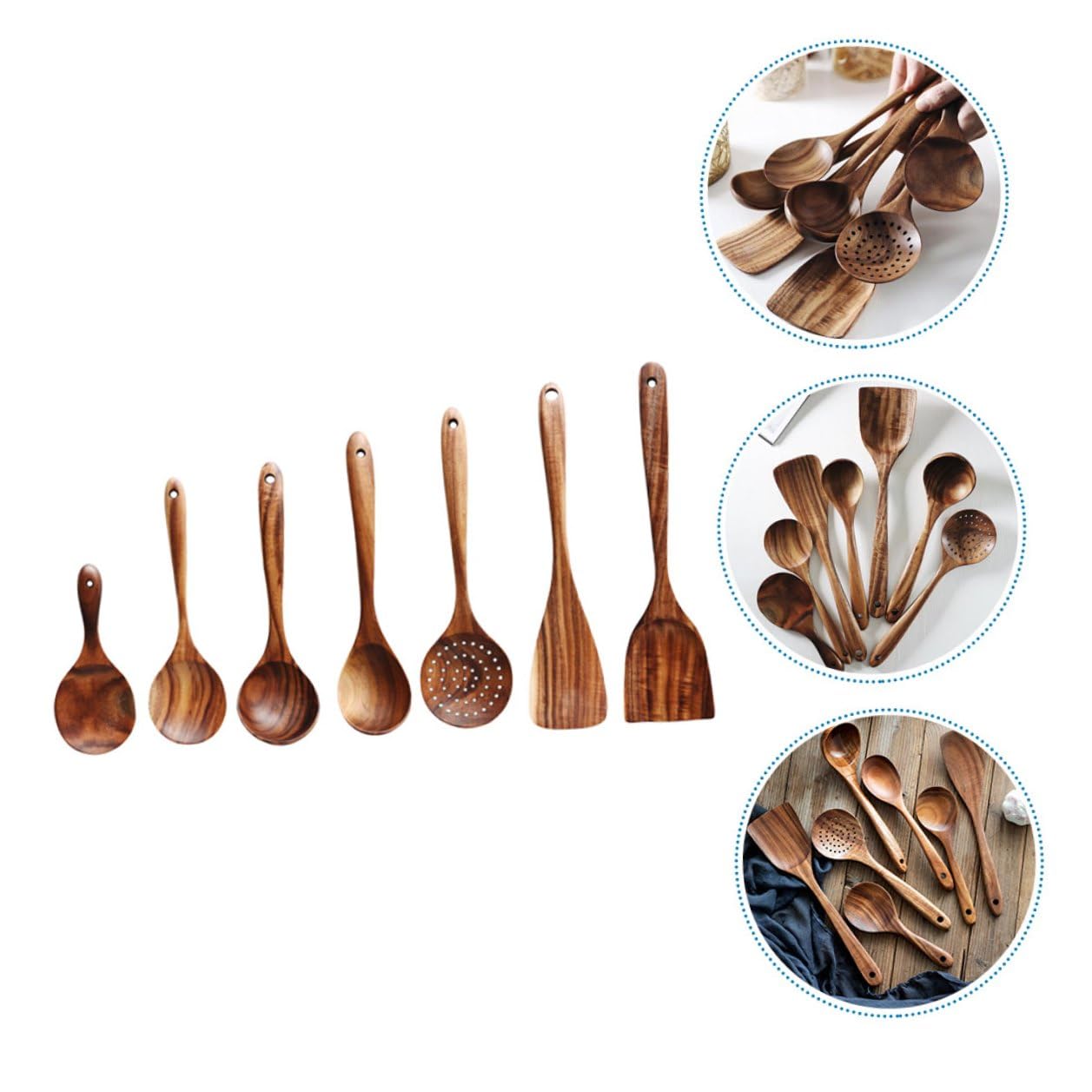 Set di Cucchiai da Cucina in Legno di Acacia 7 Pezzi, Cucchiaini da Tè e Palette Piccole Riutilizzabili, Utensili Ergonomici con Foro Appendibile per Casa, Bar e Ristoranti