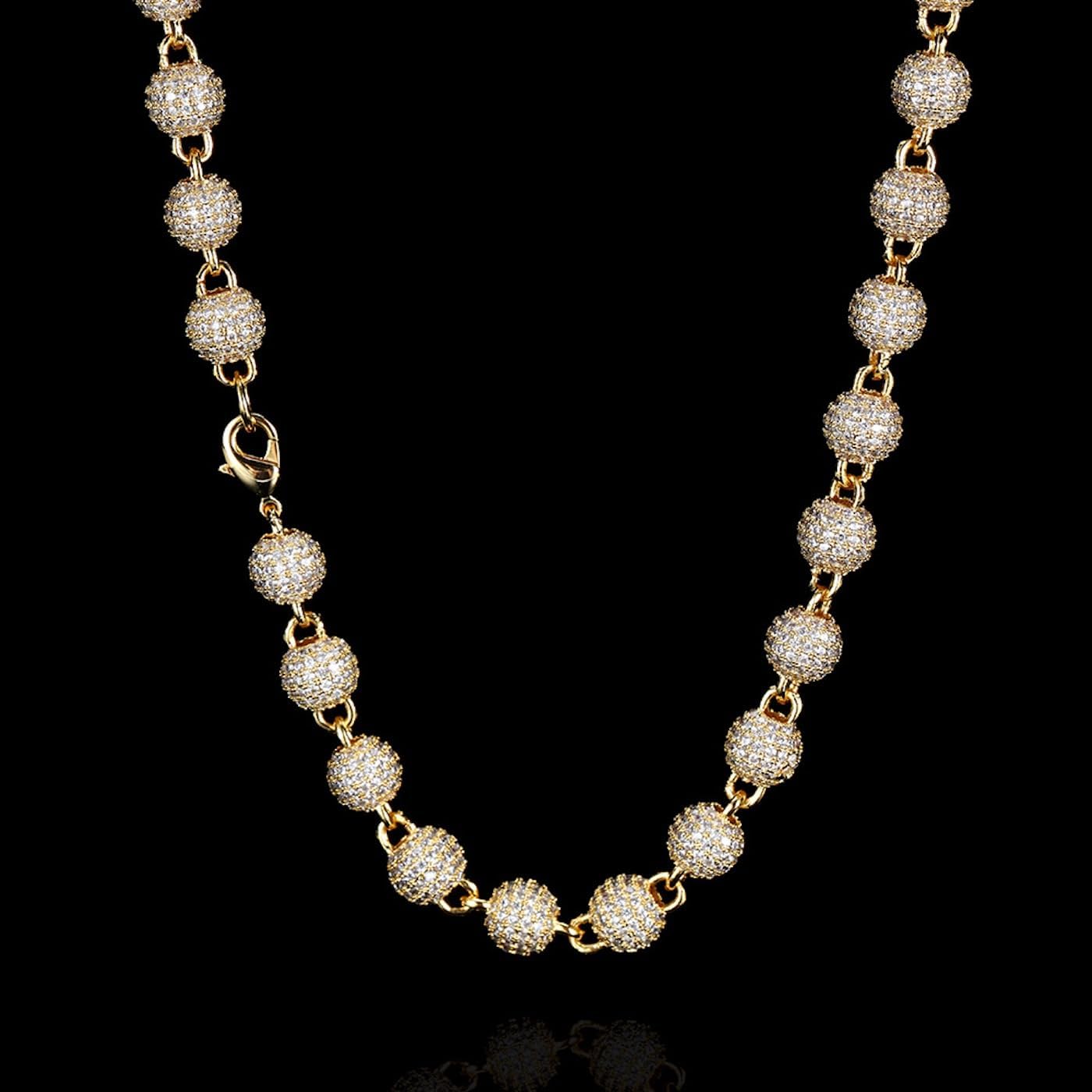 ICEDIAMOND 14K Iced Out 8mm Ball Chain Necklace, 18''-24'' Gold Plated Urban Style Bright CZ Diamond Hip Hop Jewelry for Men