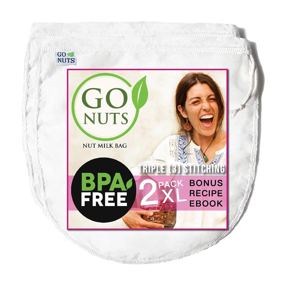 Go Nut Milk Bag 2 Pack, 12“x12" Reusable Strainer Bags for Plant-Based, Nut Milk Cold Brew, Tea, & Juice, BPA-Free, Ultra-Fine Mesh, Nylon Triple-Stitched, Eco-Friendly, Pro Quality Filter Bags