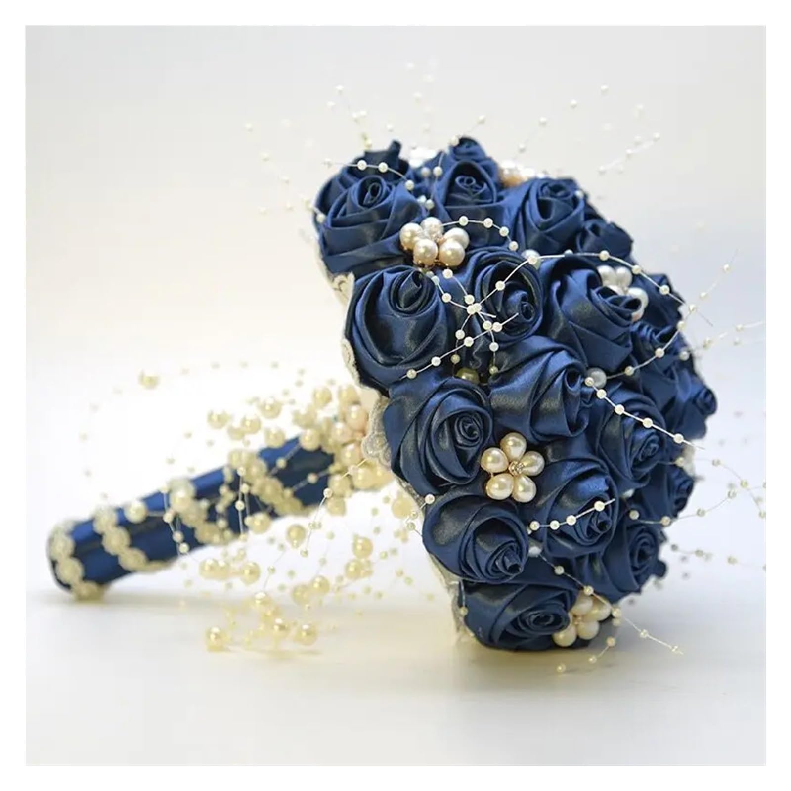 ZGCrumphant Artificial Wedding Bouquet Beautiful Artificial Rose Ribbon Flowers Pearls Beaded Bridal Bouquet Bridesmaid Wedding Bouquets(Blue1)