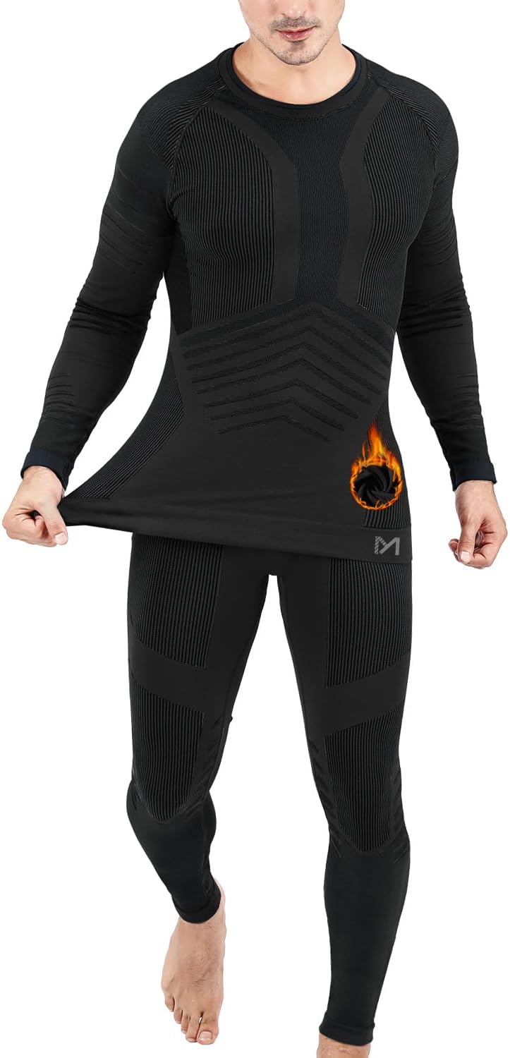 Mens Thermal Underwear Set Seamless Fleece Lined Base Layer Sports Long Johns Winte...